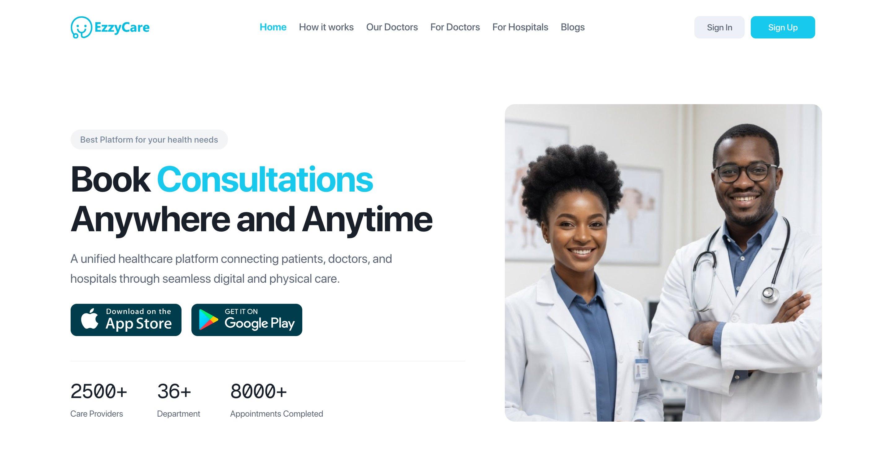 The EzzyCare website: book consultations anywhere and anytime, with links to the App Store and Google Play.